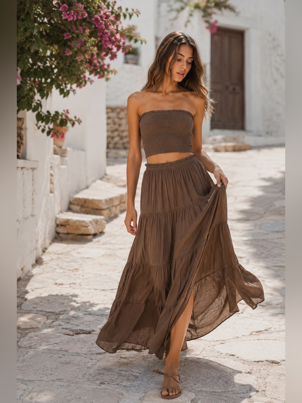 Smocked Tube Top Tiered Maxi Skirt Set Brown womens Boho Maxi Set summer - Picture 1 of 2